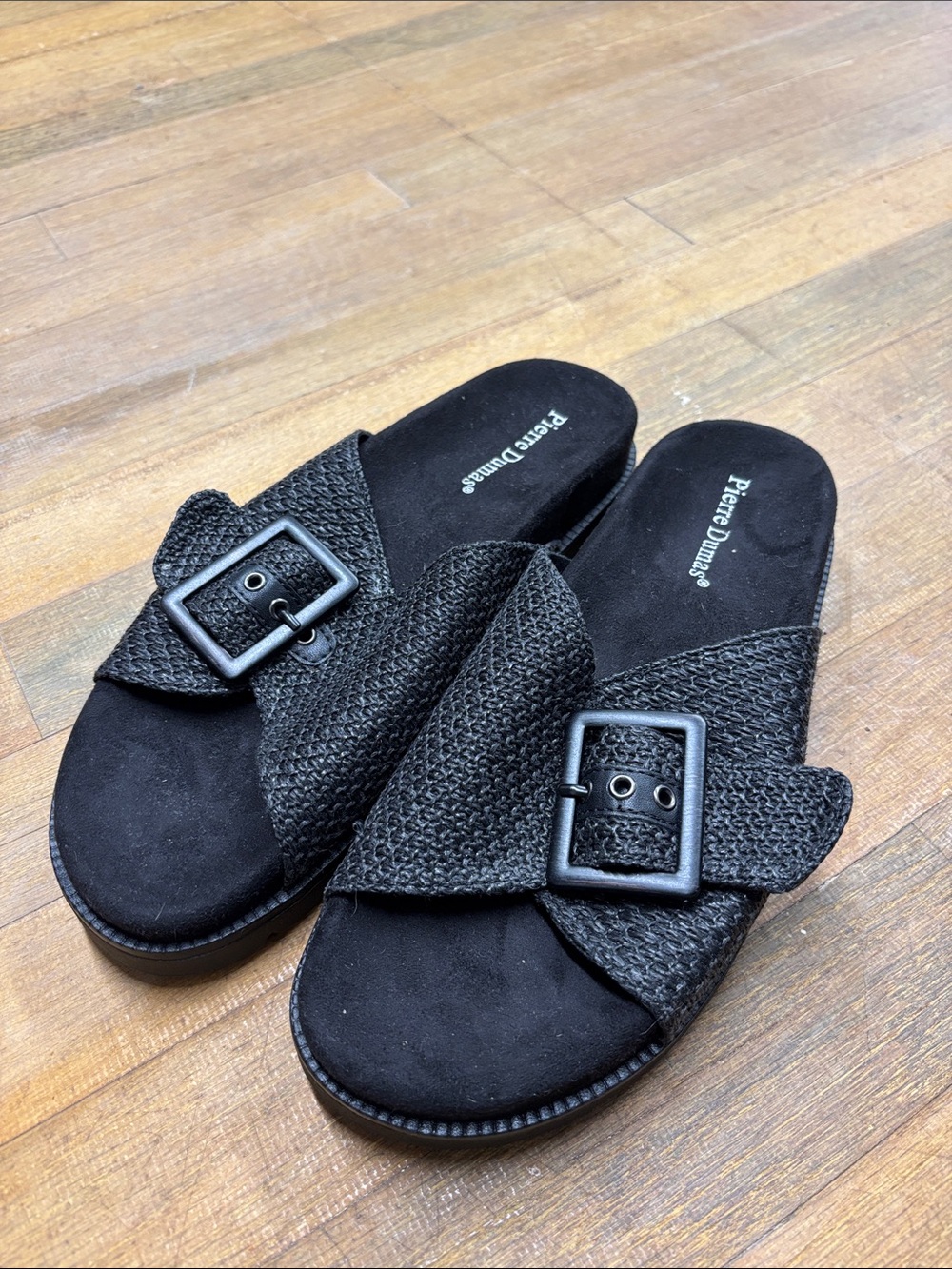 Pierre Dumas Black Woven Buckle Slide Sandals